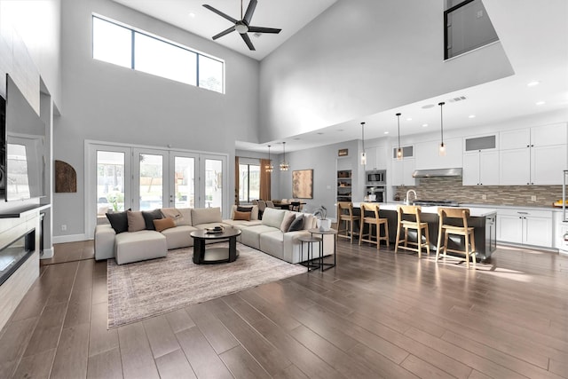 living room featuring dark wood-style floors and plenty of natural light