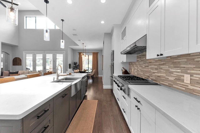 kitchen featuring french doors, tasteful backsplash, light countertops, appliances with stainless steel finishes, and under cabinet range hood