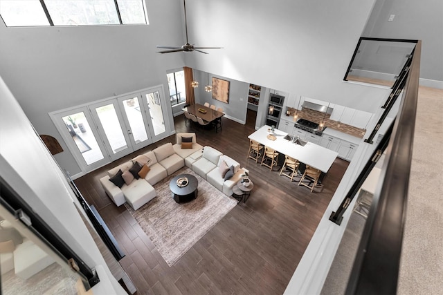 living area with wood finished floors, a towering ceiling, and baseboards