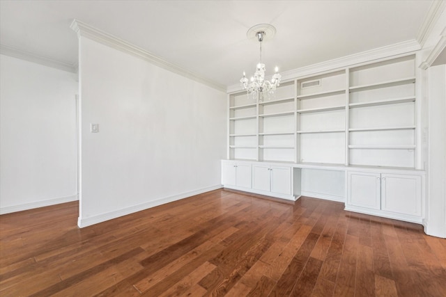 unfurnished room featuring baseboards, a chandelier, dark wood-style flooring, and crown molding