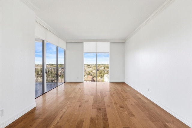 spare room featuring crown molding, baseboards, and wood finished floors