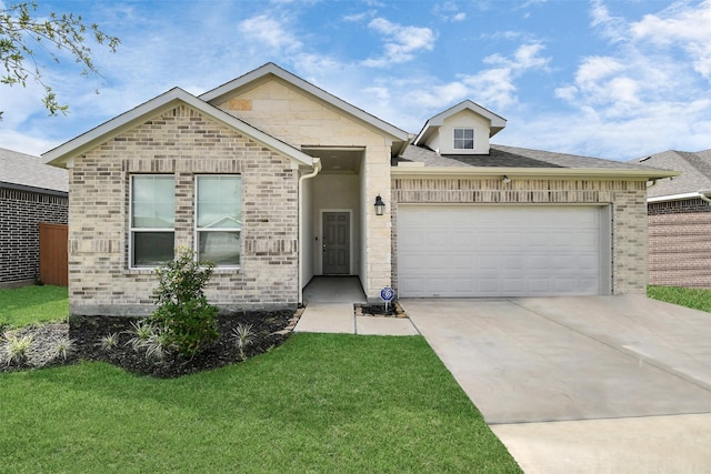 view of front of house with a garage, concrete driveway, brick siding, and a front lawn