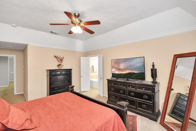 bedroom with visible vents, baseboards, connected bathroom, ceiling fan, and carpet