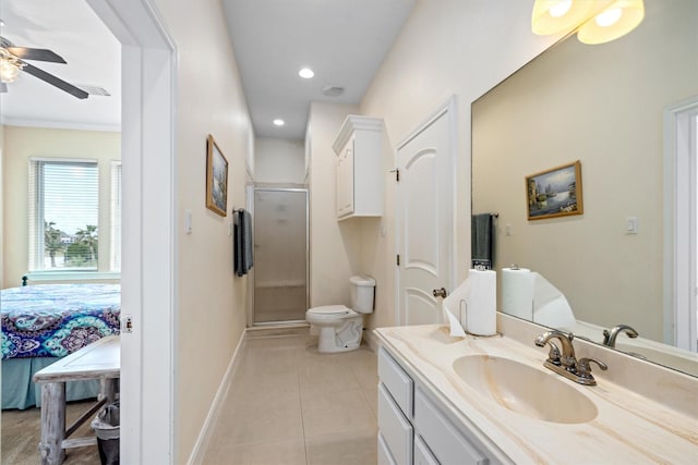 2732 Broadway St, San Leon, TX 77539 - full bath with ceiling fan, a shower stall, vanity, tile patterned floors, and toilet