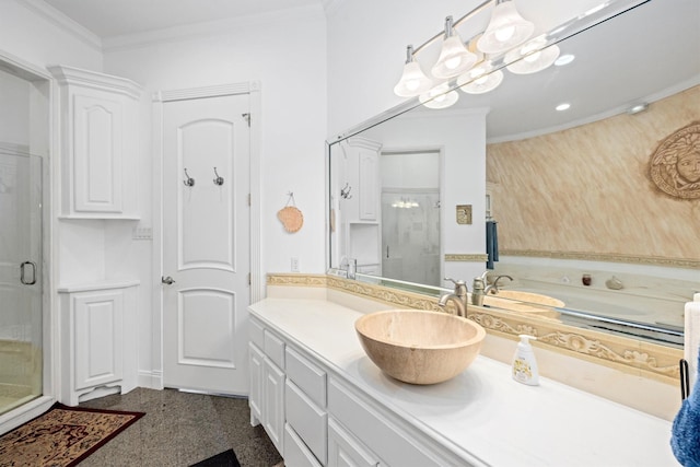 2732 Broadway St, San Leon, TX 77539 - full bath featuring a stall shower, vanity, a chandelier, crown molding, and recessed lighting
