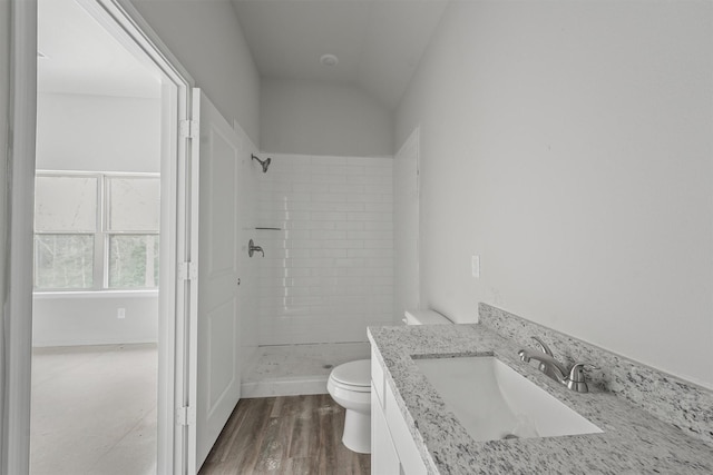 full bath featuring vanity, a stall shower, wood finished floors, and toilet