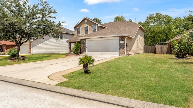 view of front of home featuring a garage, brick siding, fence, concrete driveway, and a front yard