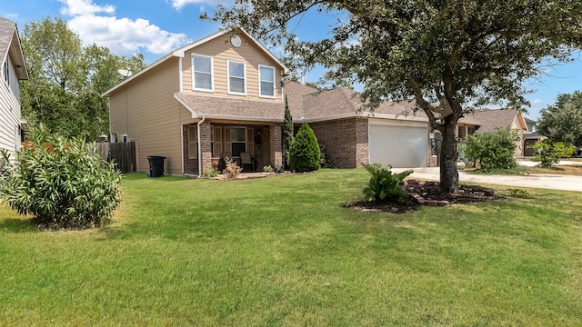 view of front facade featuring driveway, an attached garage, fence, a front lawn, and brick siding