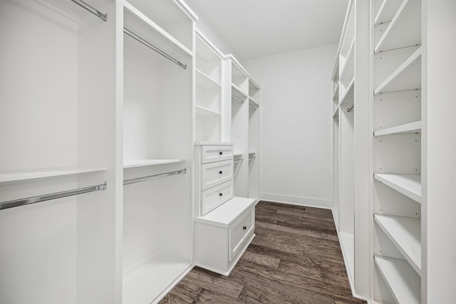 walk in closet with dark wood-style flooring