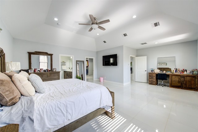 bedroom featuring recessed lighting, visible vents, lofted ceiling, and baseboards