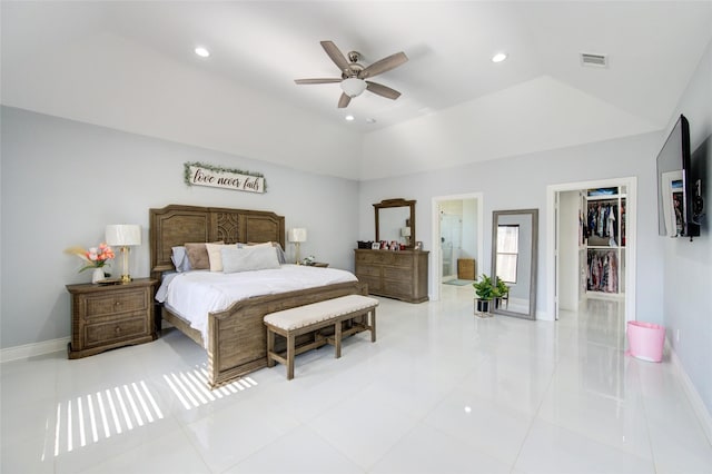 bedroom featuring lofted ceiling, visible vents, baseboards, and recessed lighting