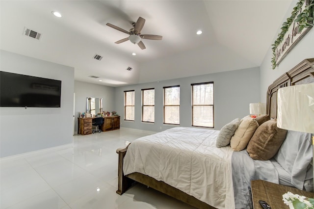 bedroom featuring recessed lighting, visible vents, lofted ceiling, and baseboards