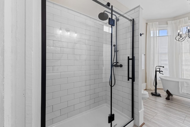 bathroom with a freestanding tub and a shower stall