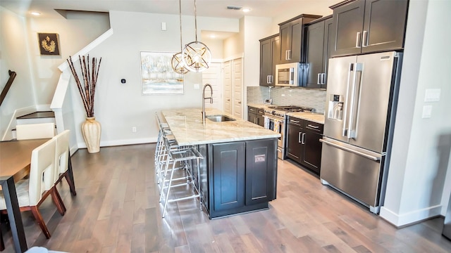 kitchen featuring an island with sink, appliances with stainless steel finishes, wood finished floors, a sink, and backsplash