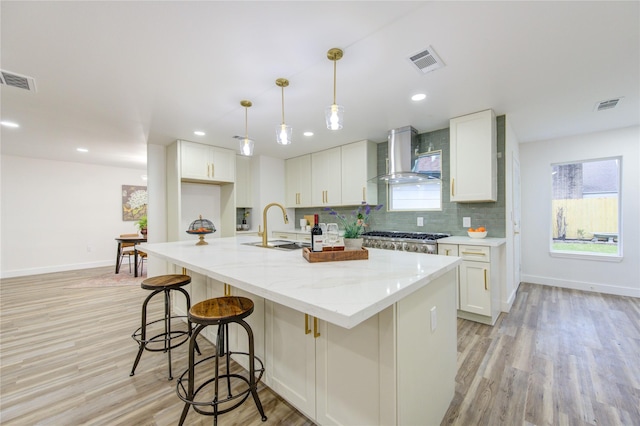 kitchen featuring visible vents, decorative backsplash, wall chimney range hood, white cabinetry, and a sink