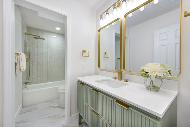 bathroom with marble finish floor, shower / bath combination, toilet, vanity, and baseboards