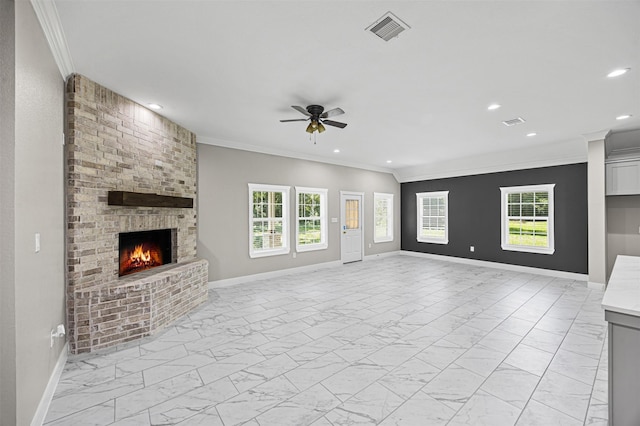 unfurnished living room featuring marble finish floor, visible vents, crown molding, and ceiling fan