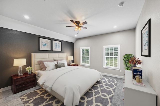 bedroom with ceiling fan, recessed lighting, carpet, and baseboards