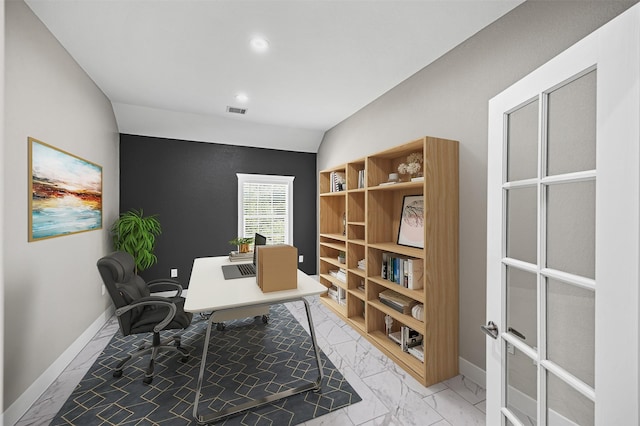 office area featuring recessed lighting, marble finish floor, visible vents, and baseboards