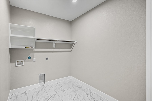 washroom with laundry area, baseboards, marble finish floor, and electric dryer hookup