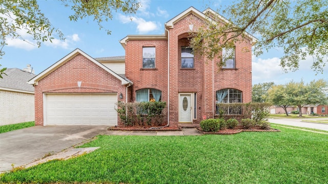 traditional-style home with a garage, concrete driveway, brick siding, and a front lawn