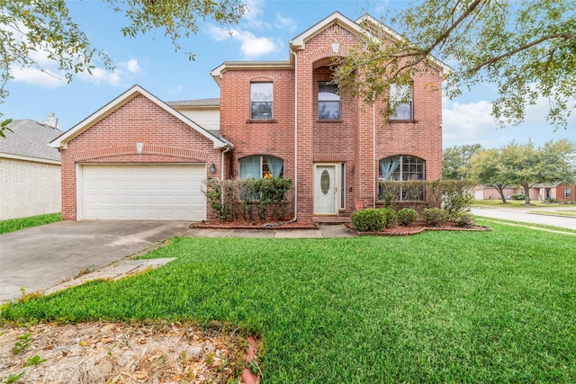 traditional-style house with driveway, brick siding, a front lawn, and an attached garage