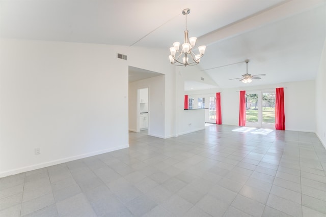 spare room with lofted ceiling, visible vents, tile patterned flooring, baseboards, and ceiling fan with notable chandelier