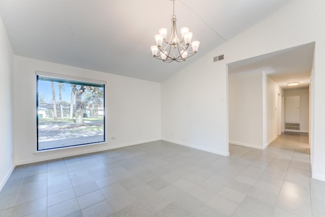 unfurnished room featuring baseboards, visible vents, vaulted ceiling, and a chandelier