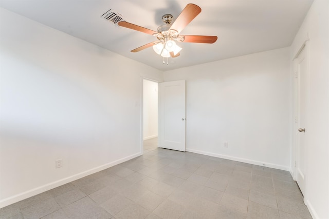 unfurnished room featuring visible vents, baseboards, and a ceiling fan