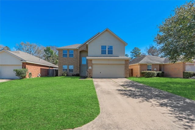 traditional-style house with a garage, concrete driveway, a front lawn, and brick siding