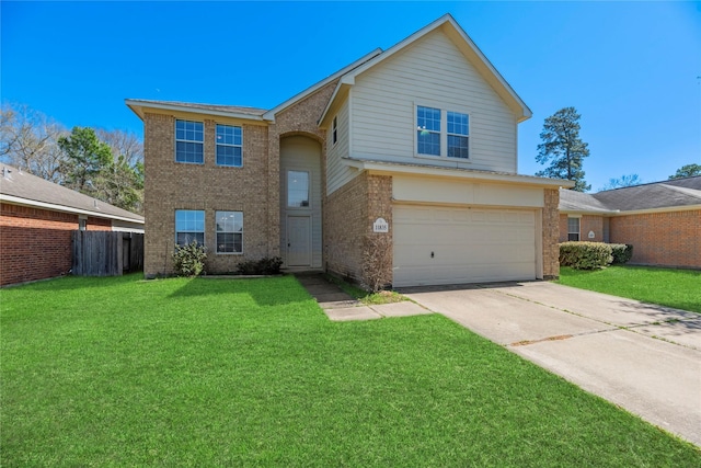 traditional-style home featuring driveway, a garage, brick siding, fence, and a front yard