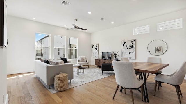 dining room with recessed lighting, visible vents, ceiling fan, and light wood finished floors