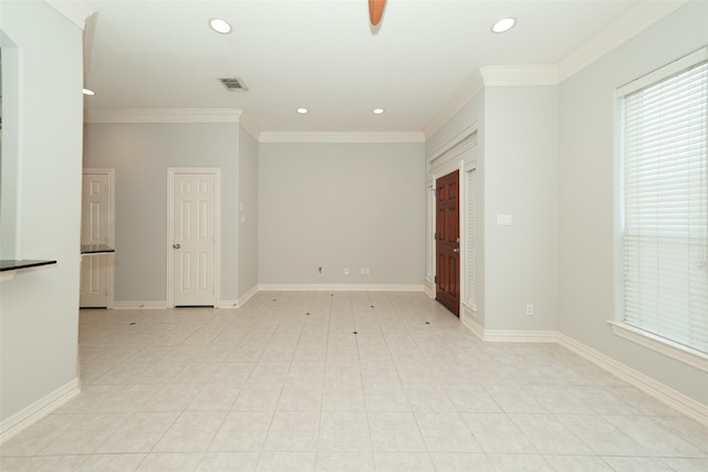 unfurnished room featuring recessed lighting, baseboards, visible vents, and ornamental molding