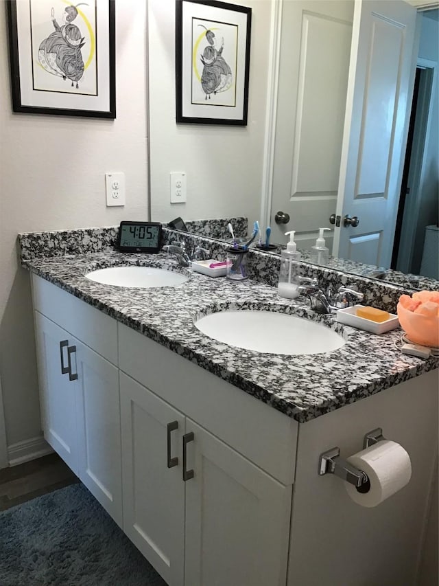 bathroom with double vanity, a sink, and wood finished floors