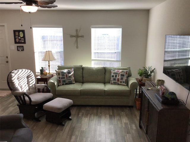 living room with ceiling fan, wood finished floors, and a healthy amount of sunlight