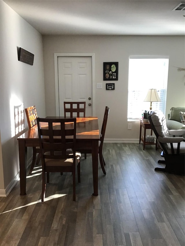 dining room with dark wood-style floors, baseboards, and visible vents