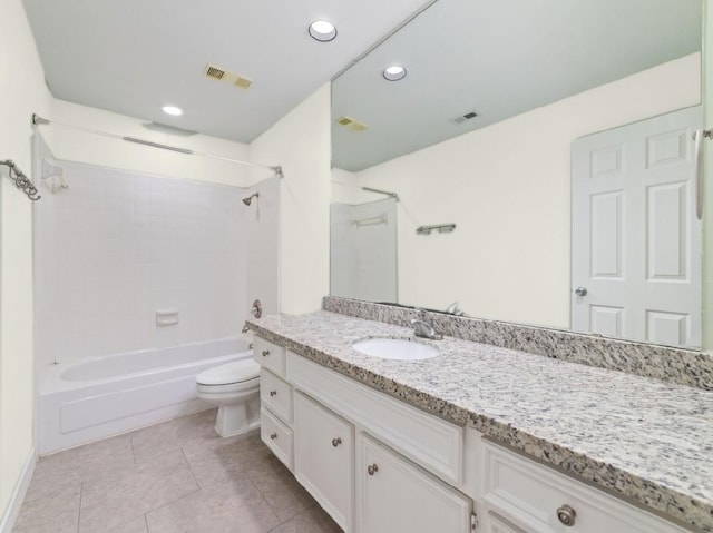 bathroom featuring toilet, tile patterned flooring, visible vents, and vanity