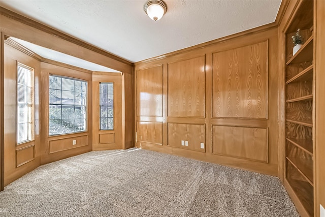 interior space with carpet floors, ornamental molding, and a decorative wall