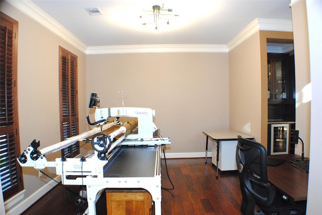 office with visible vents, crown molding, baseboards, beverage cooler, and dark wood finished floors