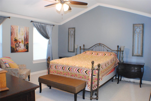 bedroom featuring light carpet, ornamental molding, baseboards, and vaulted ceiling