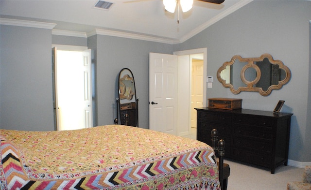 bedroom with visible vents, ceiling fan, light colored carpet, lofted ceiling, and ornamental molding