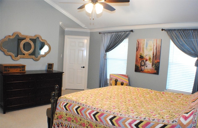 bedroom with ceiling fan, crown molding, and light carpet