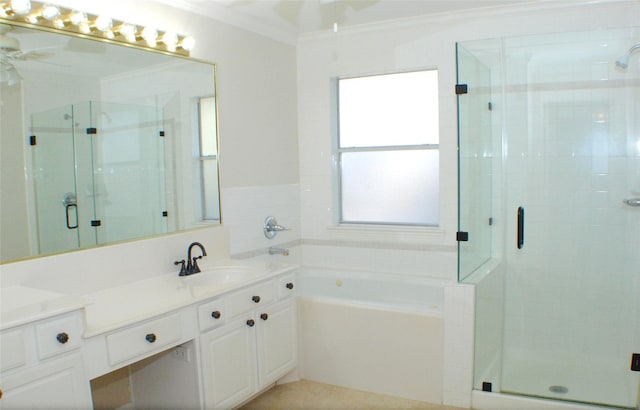 full bath with a garden tub, a stall shower, vanity, and ornamental molding