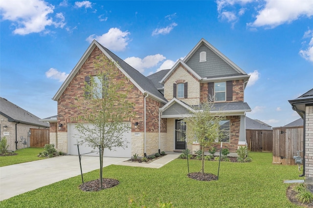 view of front of property with an attached garage, driveway, fence, and brick siding