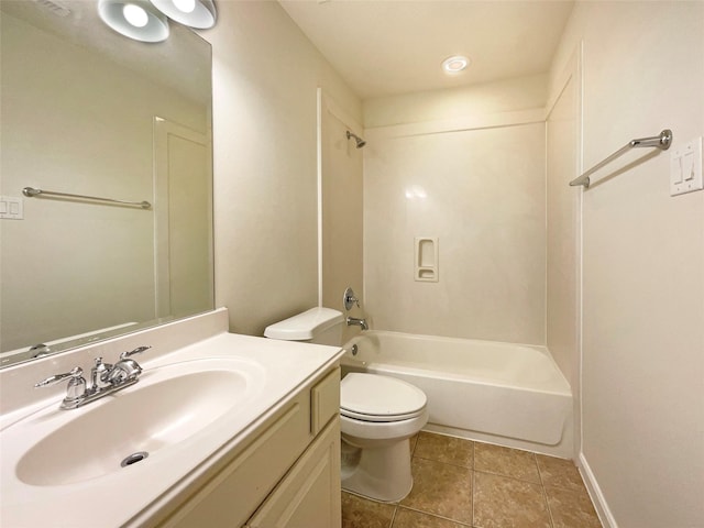 full bathroom featuring baseboards, toilet, vanity, tile patterned flooring, and shower / bathtub combination