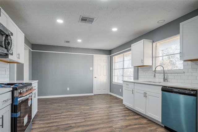 kitchen featuring dark wood-style floors, stainless steel appliances, light countertops, visible vents, and a sink