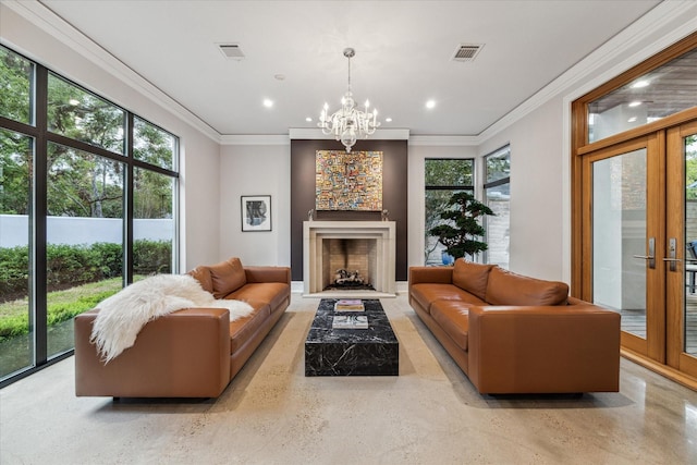 living room with a fireplace with flush hearth, visible vents, crown molding, and french doors