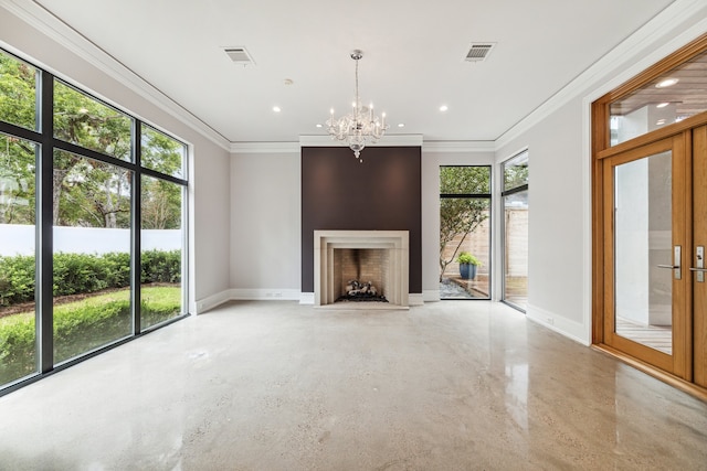 unfurnished living room with baseboards, a fireplace, visible vents, and finished concrete floors