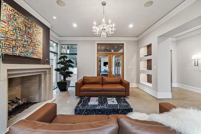 living room with french doors, crown molding, a fireplace, recessed lighting, and baseboards