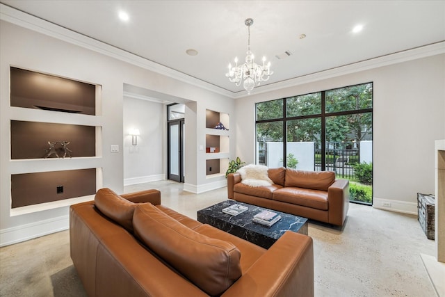 living room with built in shelves, baseboards, a notable chandelier, and ornamental molding